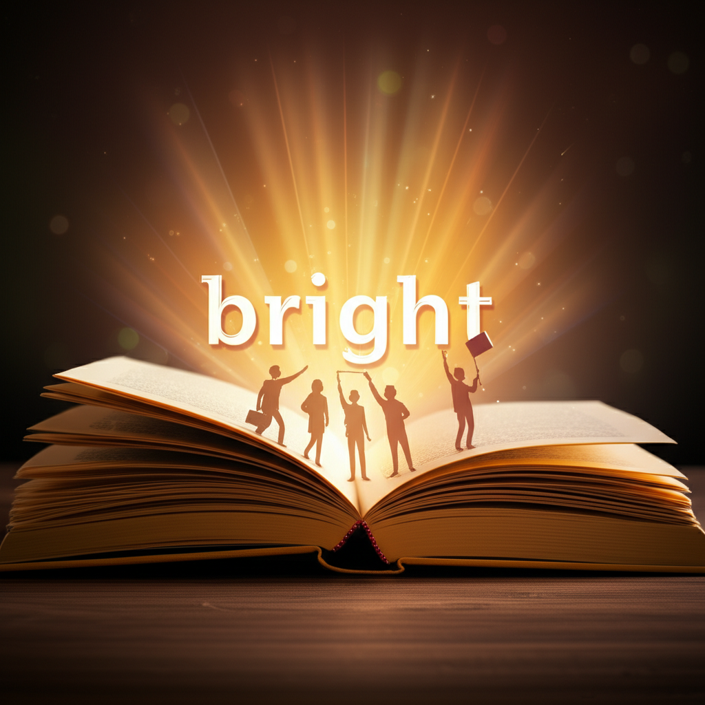 打開的書本散發光芒,引導學習者掌握 bright 的完整語意與細微差異