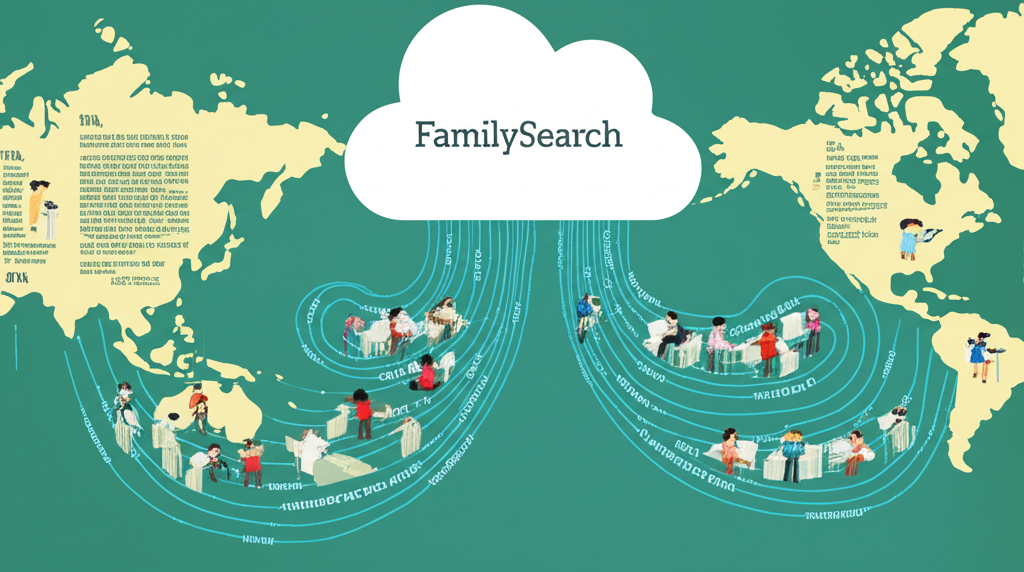 象徵FamilySearch的數位雲端，資料從亞洲、歐洲、美洲等地流入，志工協力索引文獻，代表龐大免費資源