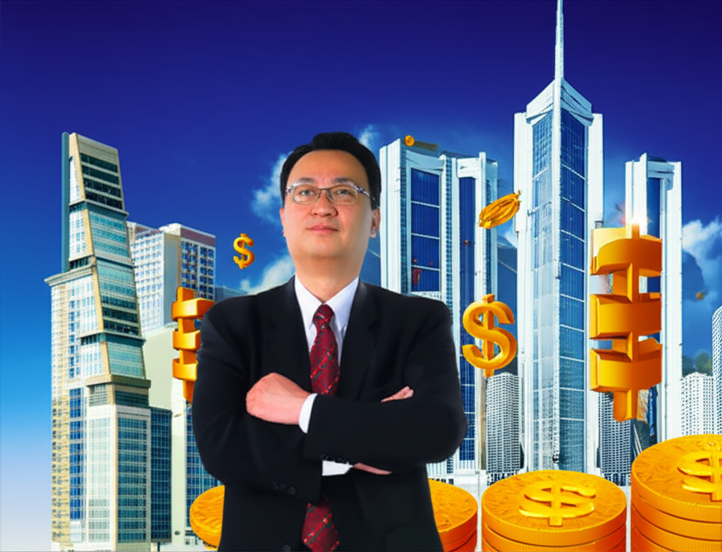 姚君達先生插圖，從小型建築轉變為大型綜合體，背景有地產塔樓與金融黃金符號