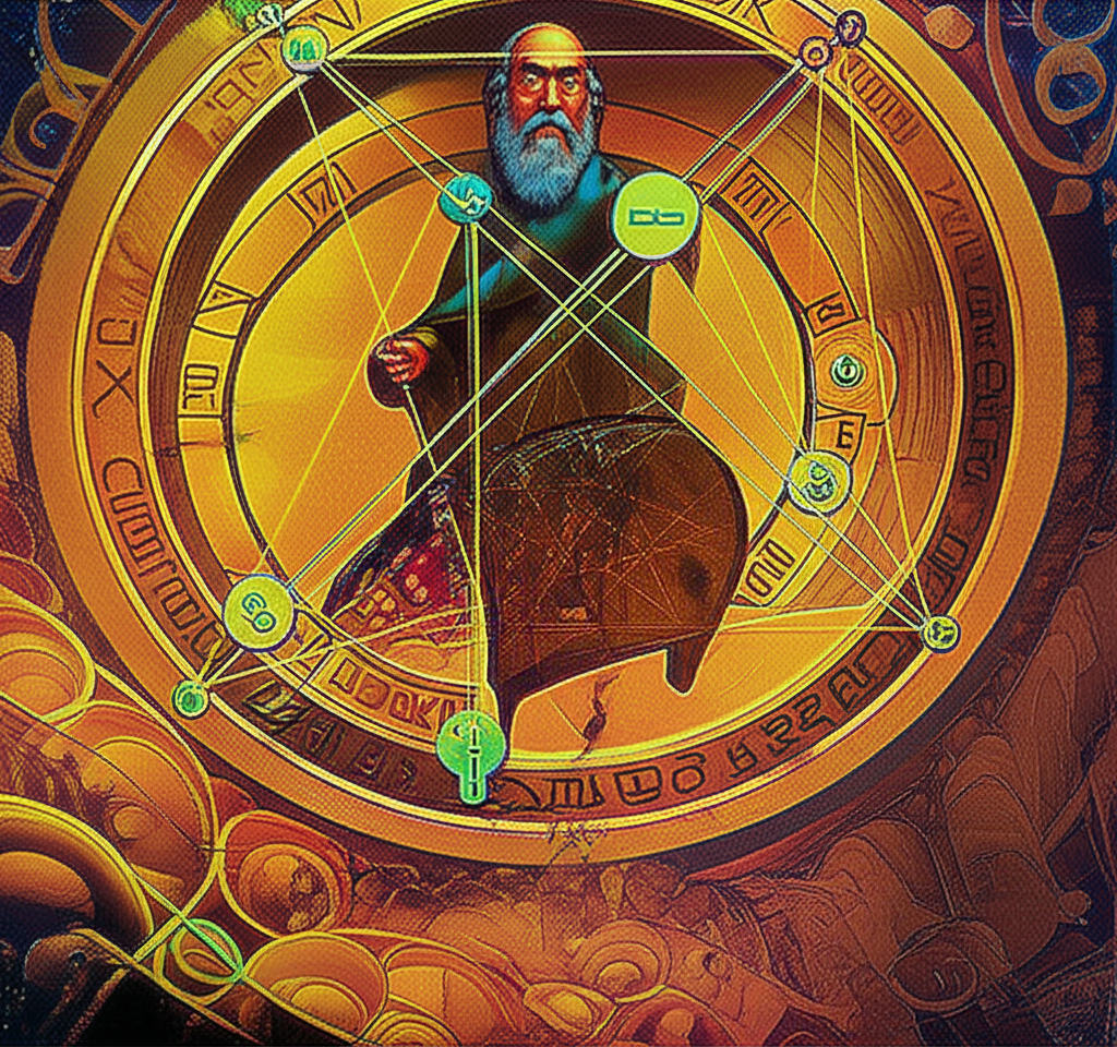 插畫描繪金融大師威廉·戴爾伯特·江恩在神秘金融景觀中分析市場圖表,圖中充滿幾何線條與象徵時間和價格的古老符號