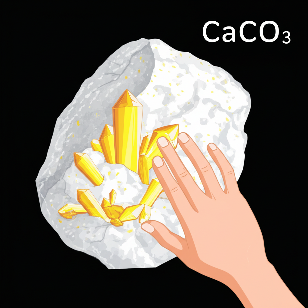 石灰岩外觀圖示：顯示方解石晶體結構與CaCO₃化學式，呈現灰、白、黃等多樣色彩，並有手部輕刮岩石表面展示其較低硬度的特性