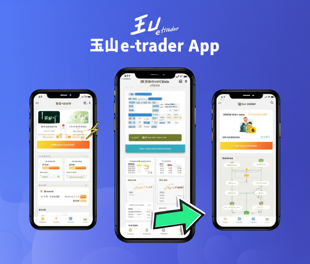 使用者在玉山e-trader App上分析即時股票報價與技術圖表，顯示K線圖、成交量及MACD、KD、RSI等指標，用於市場趨勢判斷
