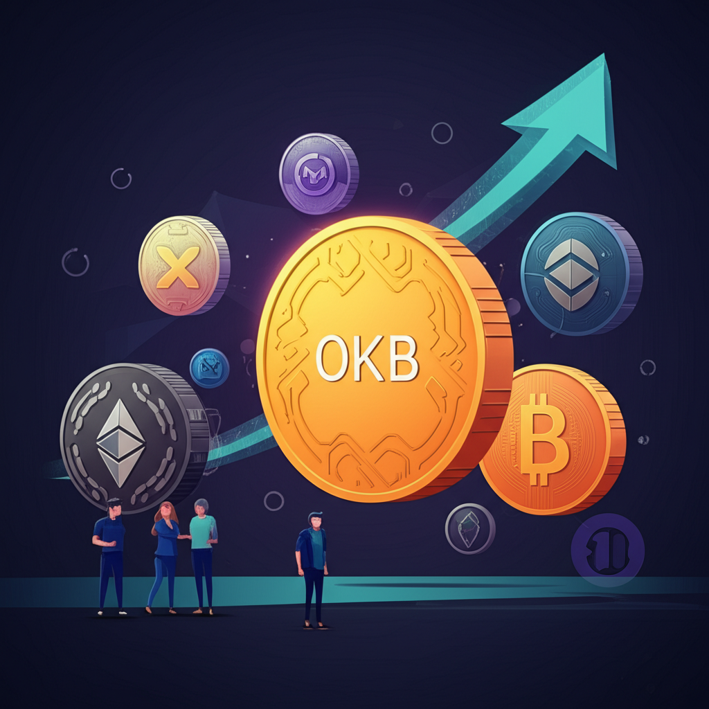 OKB 幣在數位圖表中矗立於眾多加密資產之上,象徵其市場領先地位和 OKX 交易所吸引新手與投資者的影響力插圖