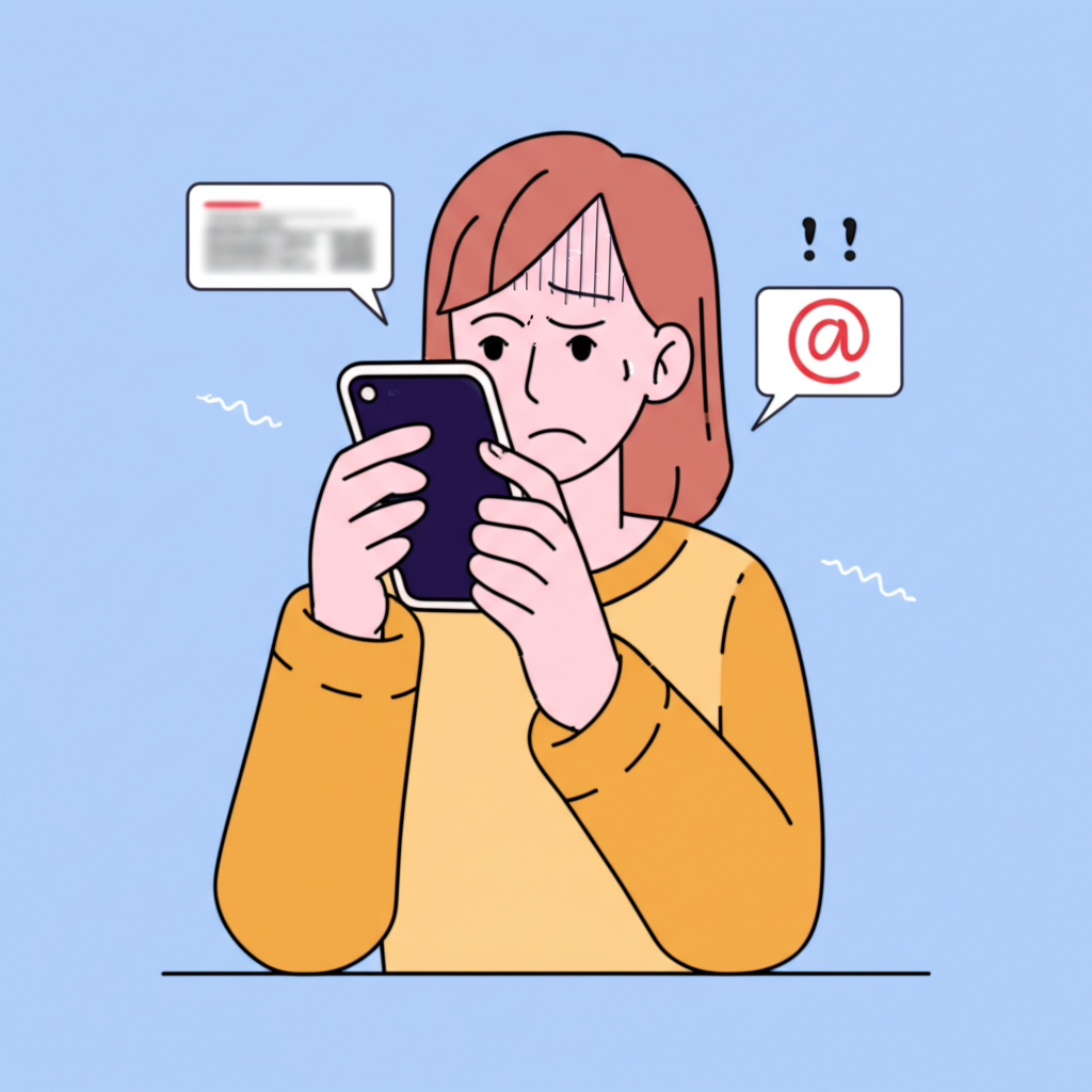 受害者手持手機顯示模糊詐騙訊息，表現財務損失、資料洩露和情緒困擾的插圖