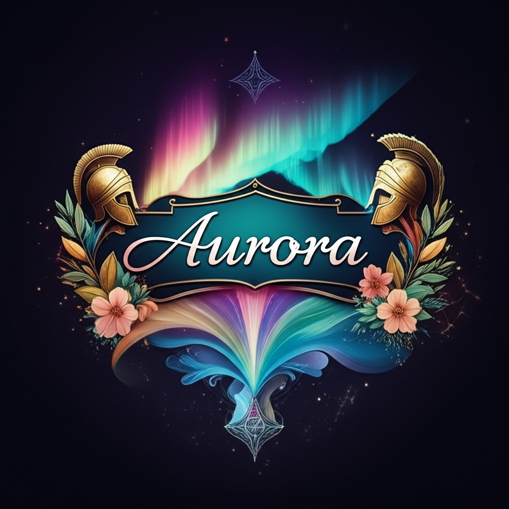 Aurora 多重含義的象徵插圖,融合羅馬女神、北極光與女性名字元素
