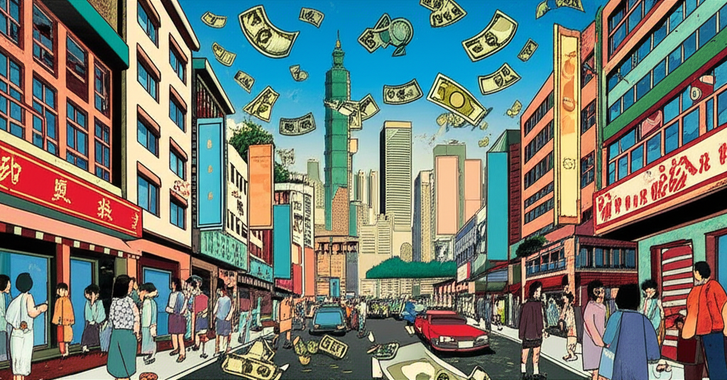 1980年代台灣繁華城市景觀,貨幣如水般流淌,人們熱切追逐財富,周邊隱現地下金融市場的陰影