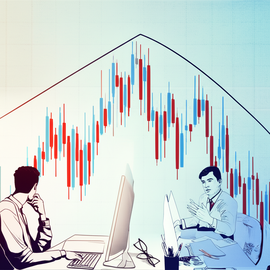 An illustration of a financial market with price charts displaying various patterns including an M-pattern indicating a bearish reversal and an investor analyzing these charts for trading decisions