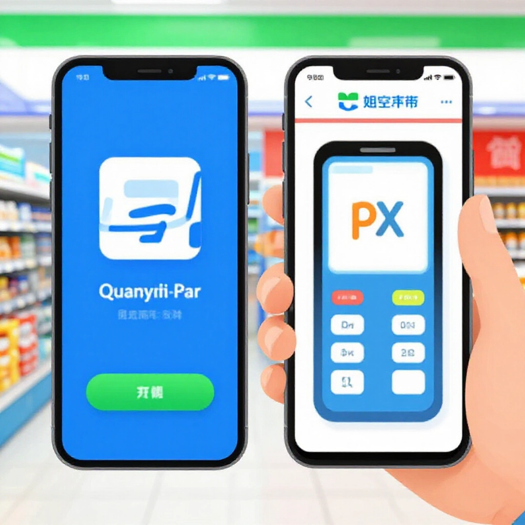 左右分割圖示,左邊手機顯示全盈+PAY 在全家門市,右邊 PX Pay 在超市,對比支付畫面跟店內環境,藍綠活力對紅橘動感