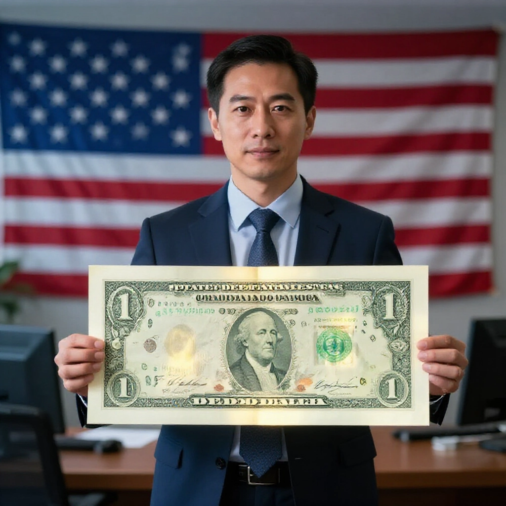 現代辦公室中沉穩專業的台灣投資人,手持閃耀的美債證書,美國國旗背景,溫暖柔光深藍調性