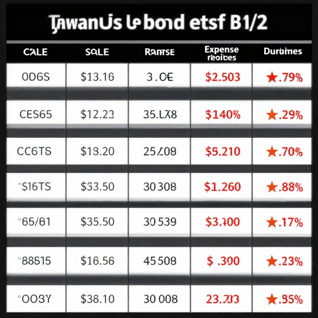 高對比資料表格，展示五檔台灣上市美債 ETF，欄位含代碼、規模、管理費用、存續期間與星級評比，標註最低費用