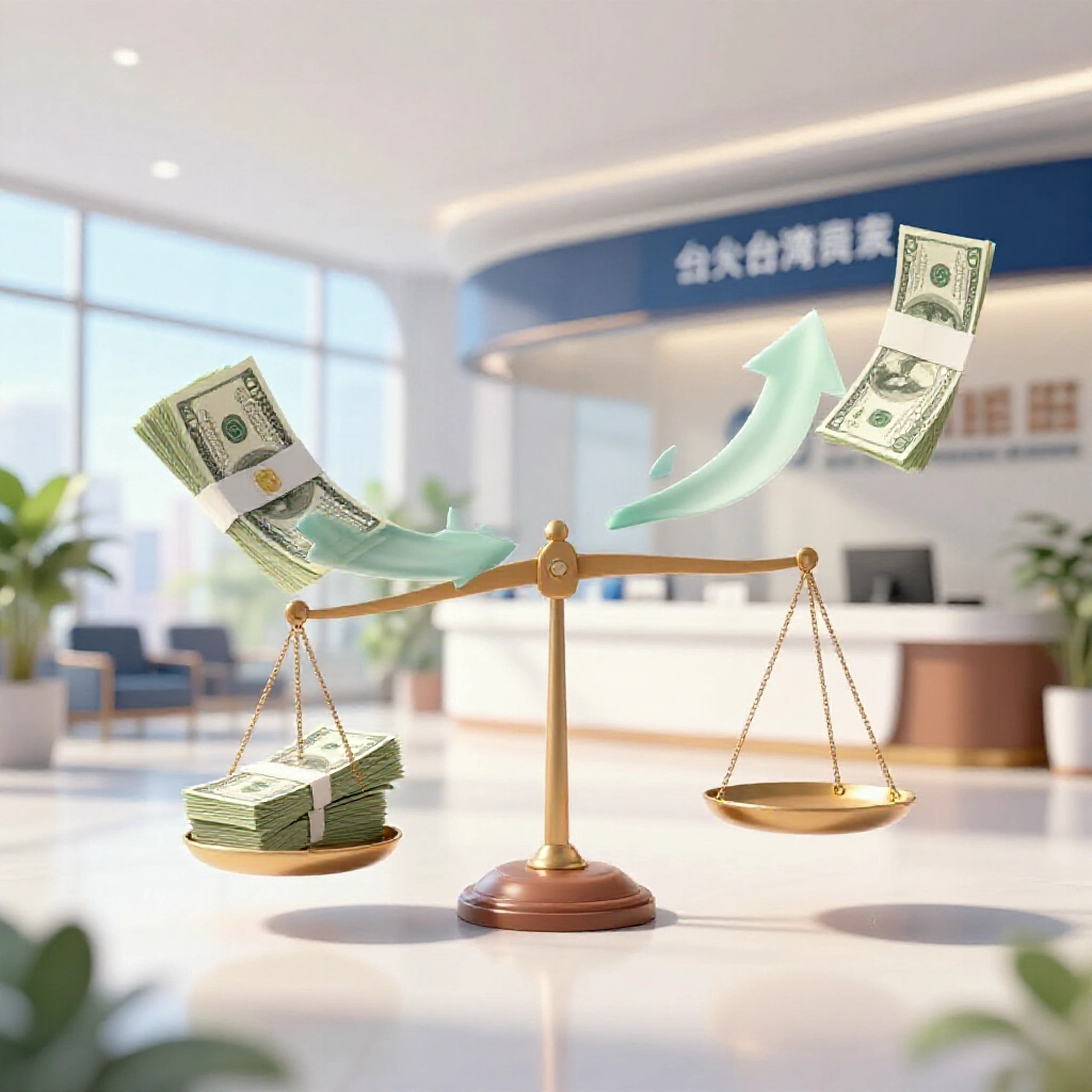 股票證書化作現金堆疊的動態圖，箭頭流暢轉換，平衡天平穩穩站立，在明亮台灣銀行大廳的自然光中