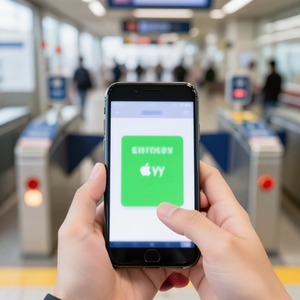 第一人稱視角，iPhone 啟用 Apple Pay Suica 在東京地鐵閘門付款，車站背景模糊，自然光線充滿科技感