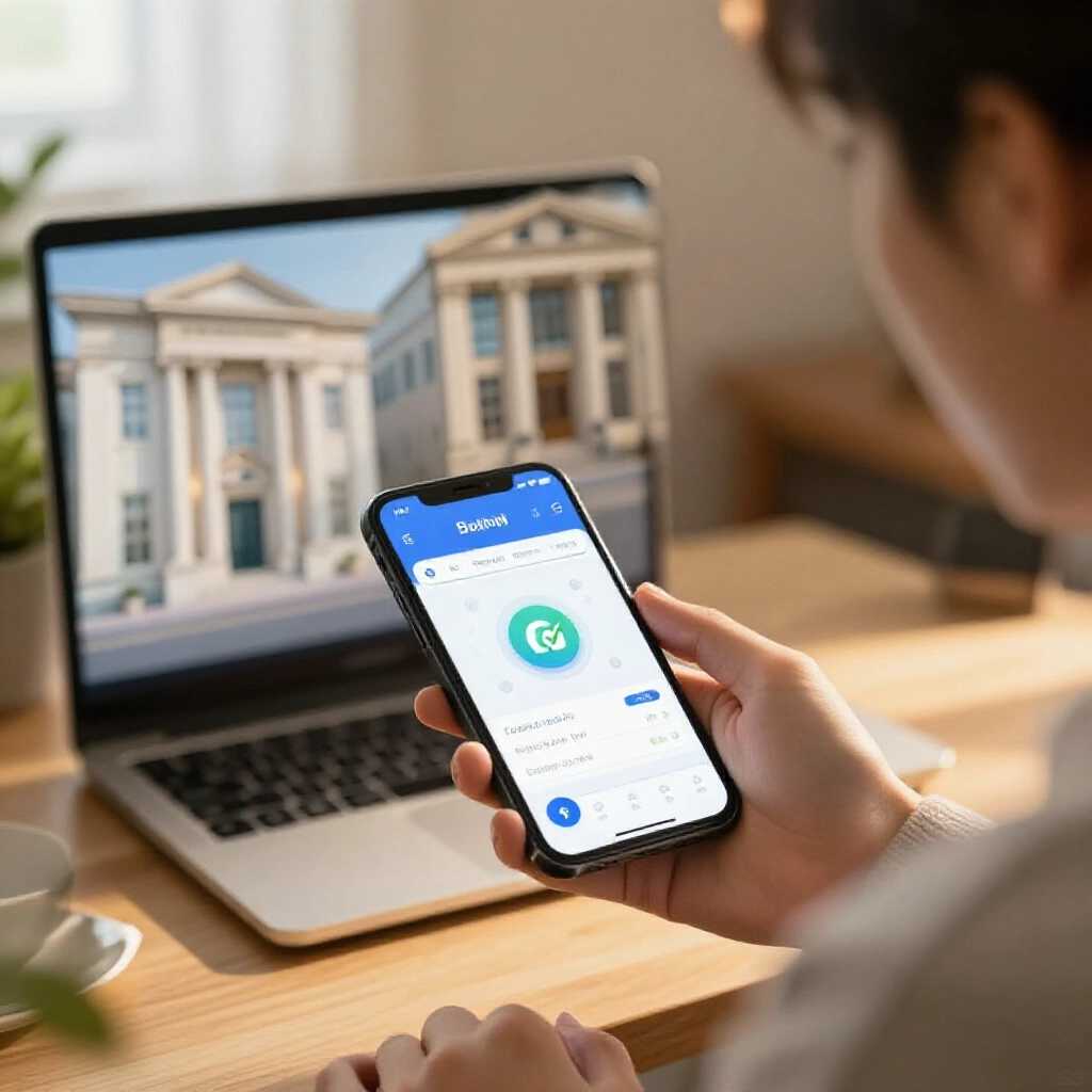 舒適居家年輕人滑手機比較數位銀行 App 高利率圖示,對比傳統銀行外觀,午後暖光氛圍