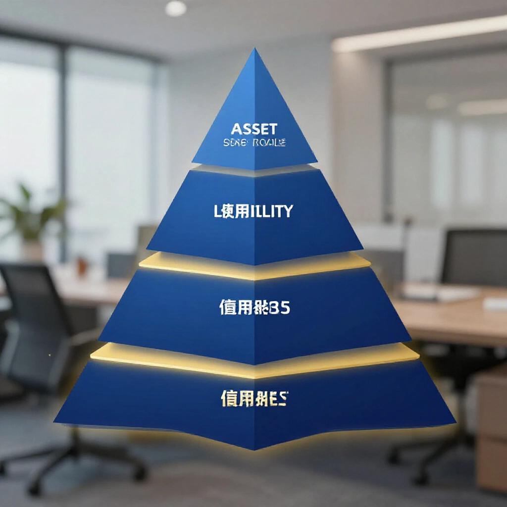 資產規模、流動性與信用因素堆疊金字塔圖,決定質押利率的深藍漸層金色點綴,辦公室沉穩氛圍