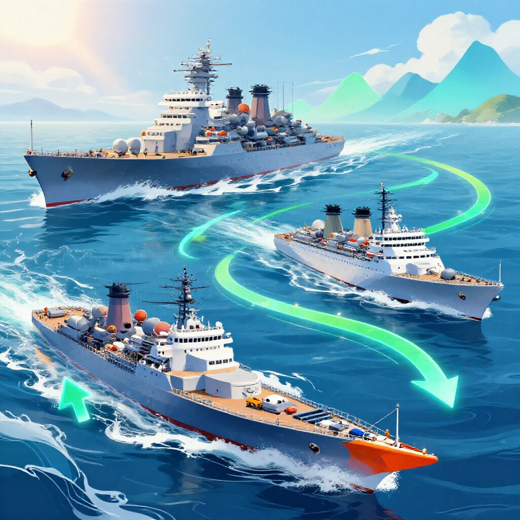 色彩繽紛資訊圖,三艘巨艦在波濤洶湧股市圖表海洋中航行,最大航母領頭衝刺、中型巡洋艦穩穩跟上、靈活快艇穿梭其間,藍綠橘資金箭頭閃耀,陽光灑落動感十足