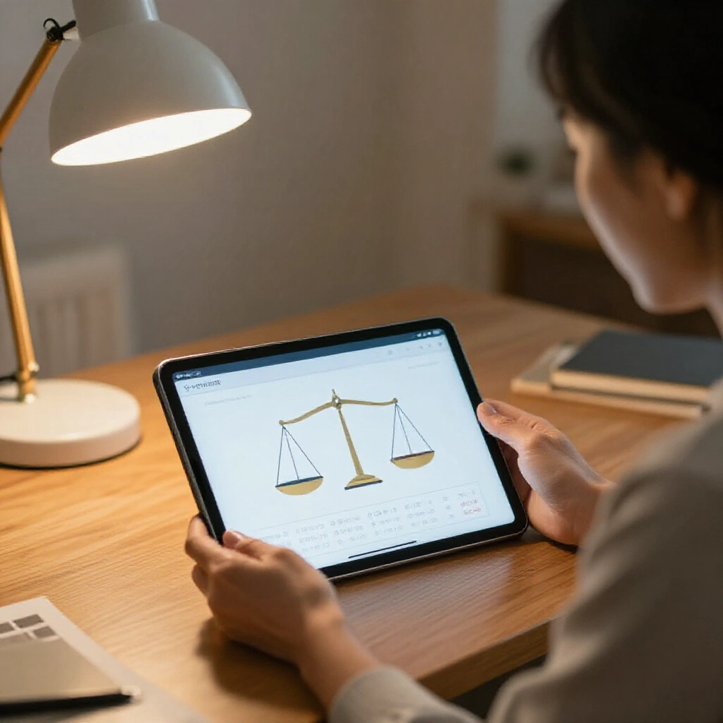 中年亞洲女性在溫馨家辦公室仔細比對平板財務圖表,顯示利率與手續費平衡天平,暖燈光木桌