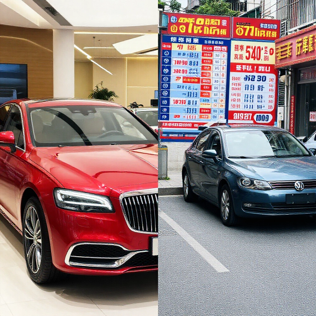 新舊車對比圖：閃亮新豪車在經銷商展示間與都市街頭停放的中古車並列，配以利率比較圖表，動感燈光強調價格標籤與貸款細節