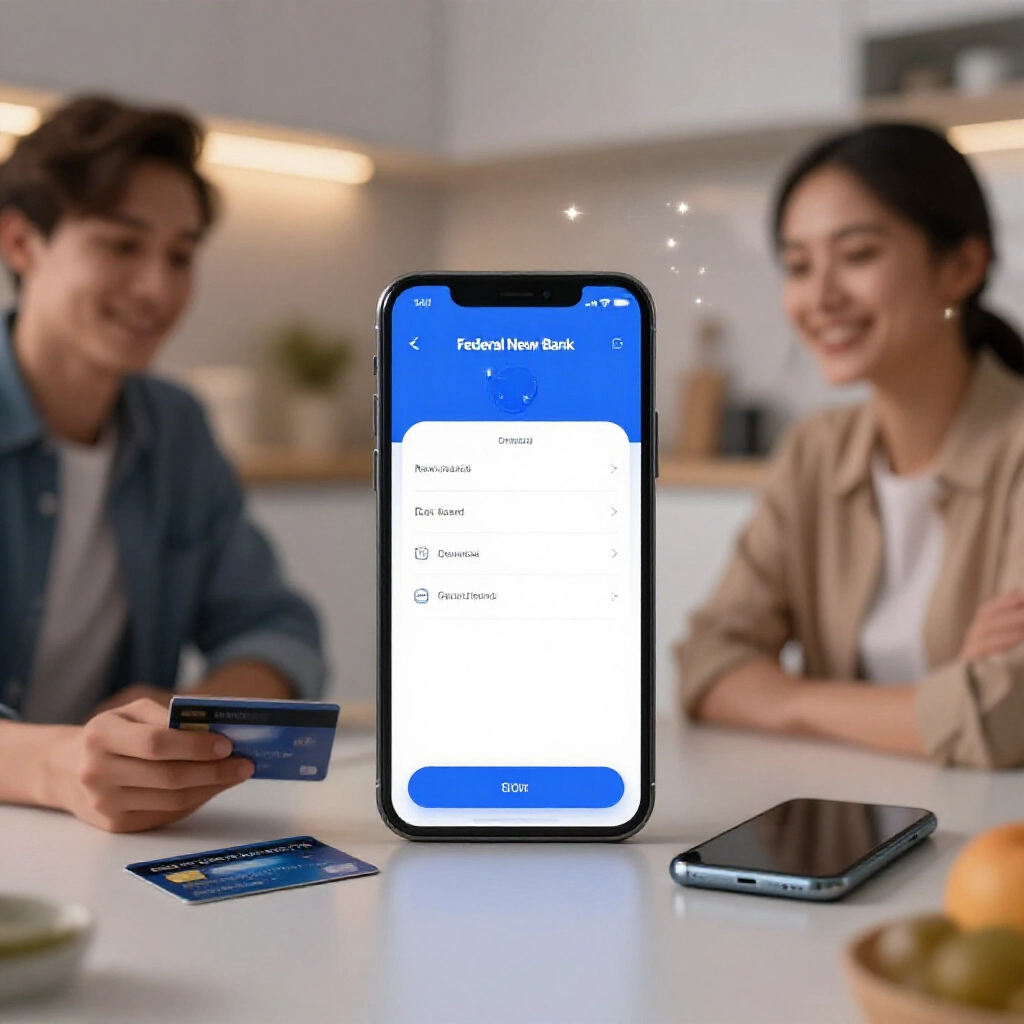 現代廚房桌前一對情侶並排信用卡與手機，連結聯邦New New Bank至吉鶴卡回饋儀表板，點數如星光閃耀