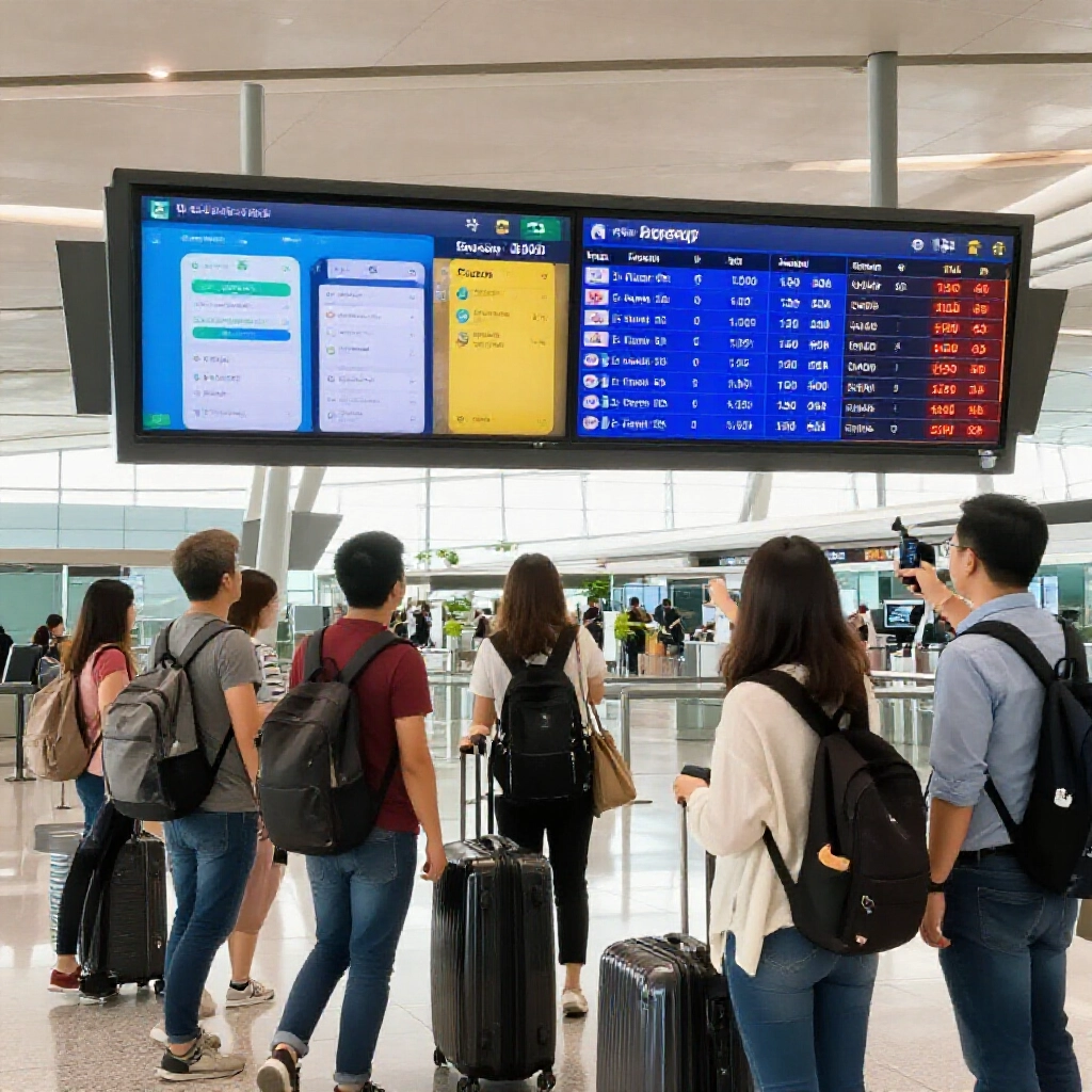 陽光普照的台灣機場出境大廳，興奮旅客連結在地電子支付App與海外服務如PayPay，檢查匯率於鮮豔螢幕，行李在旁，冒險氛圍濃厚