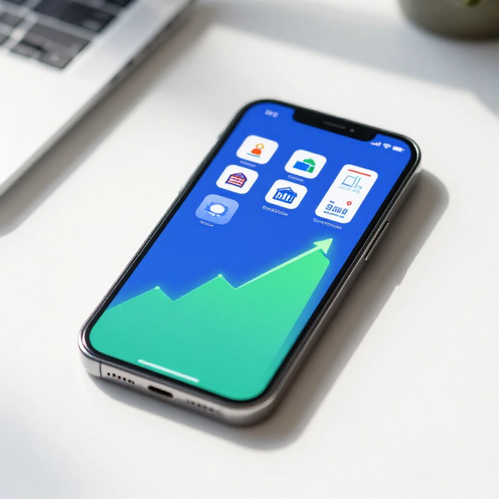 現代智慧型手機螢幕顯示色彩繽紛的頂尖銀行 App 圖示，伴隨上升的利率圖表，以鮮豔藍綠色調呈現，置於明亮自然光線下的潔白辦公桌上