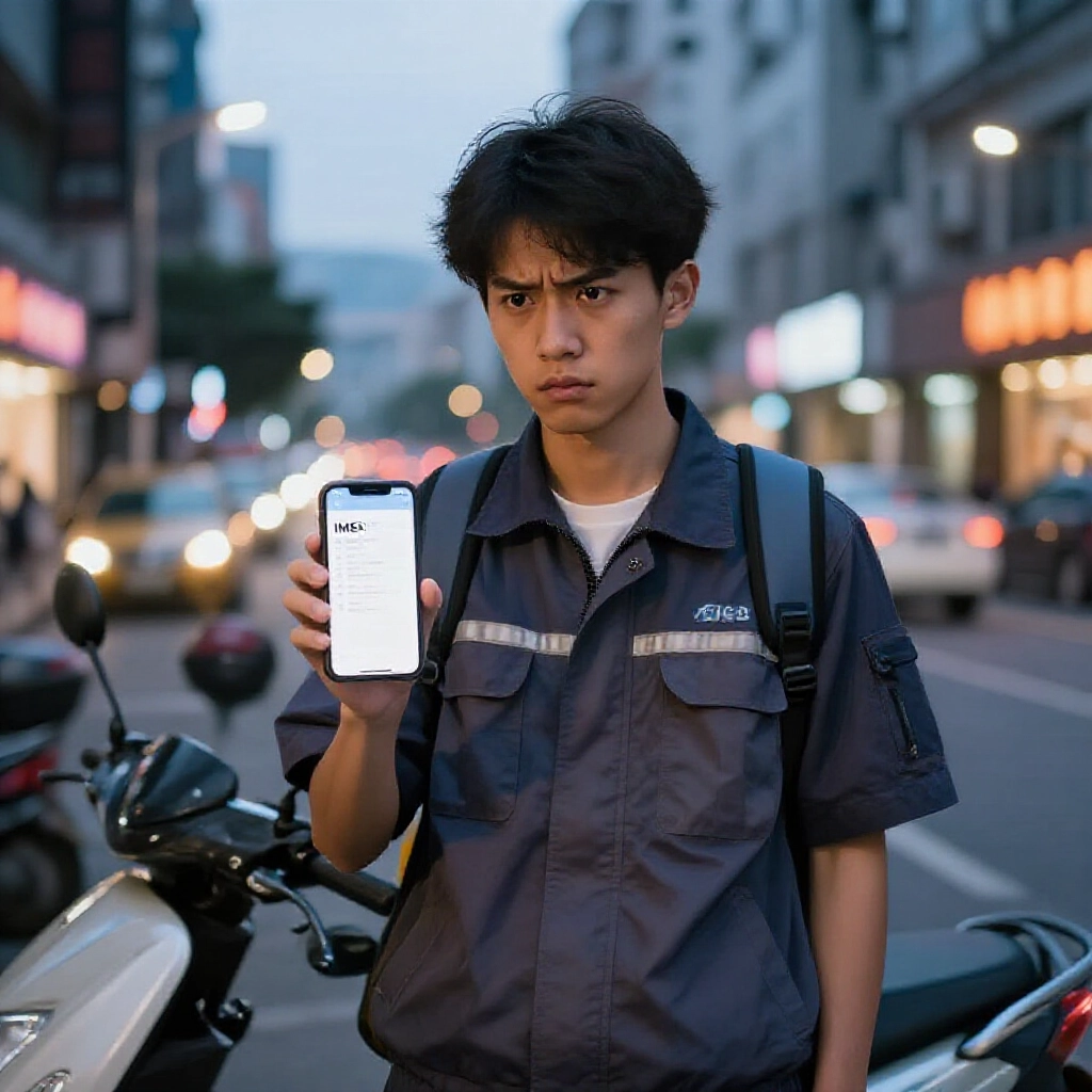 台灣年輕外送員在都市街頭黃昏時分,手持顯示 IMEI 碼的智慧型手機,一臉焦慮,周遭有城市燈光與停放的機車