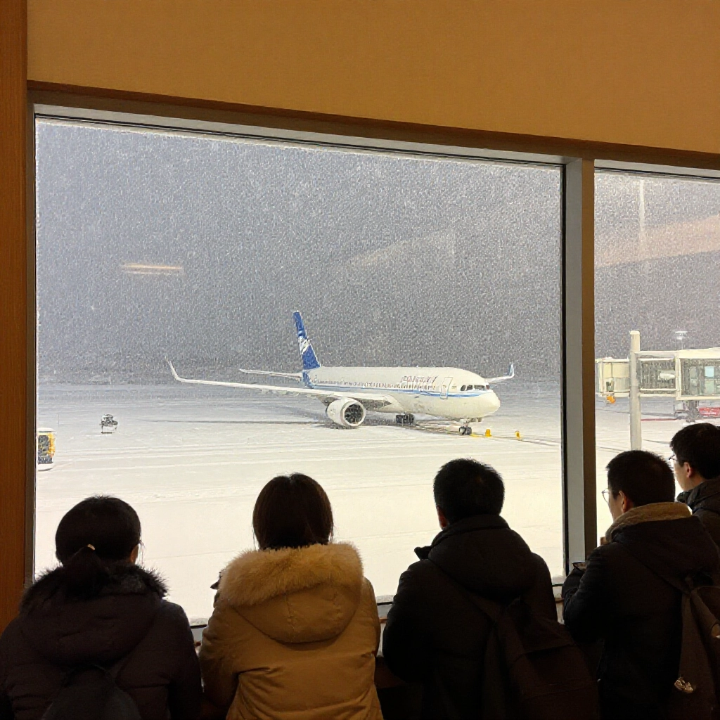 大雪覆蓋的日本機場跑道,停飛飛機,乘客從溫暖室內航站樓窗戶凝視暴雪,舒適燈光與冬季裝備