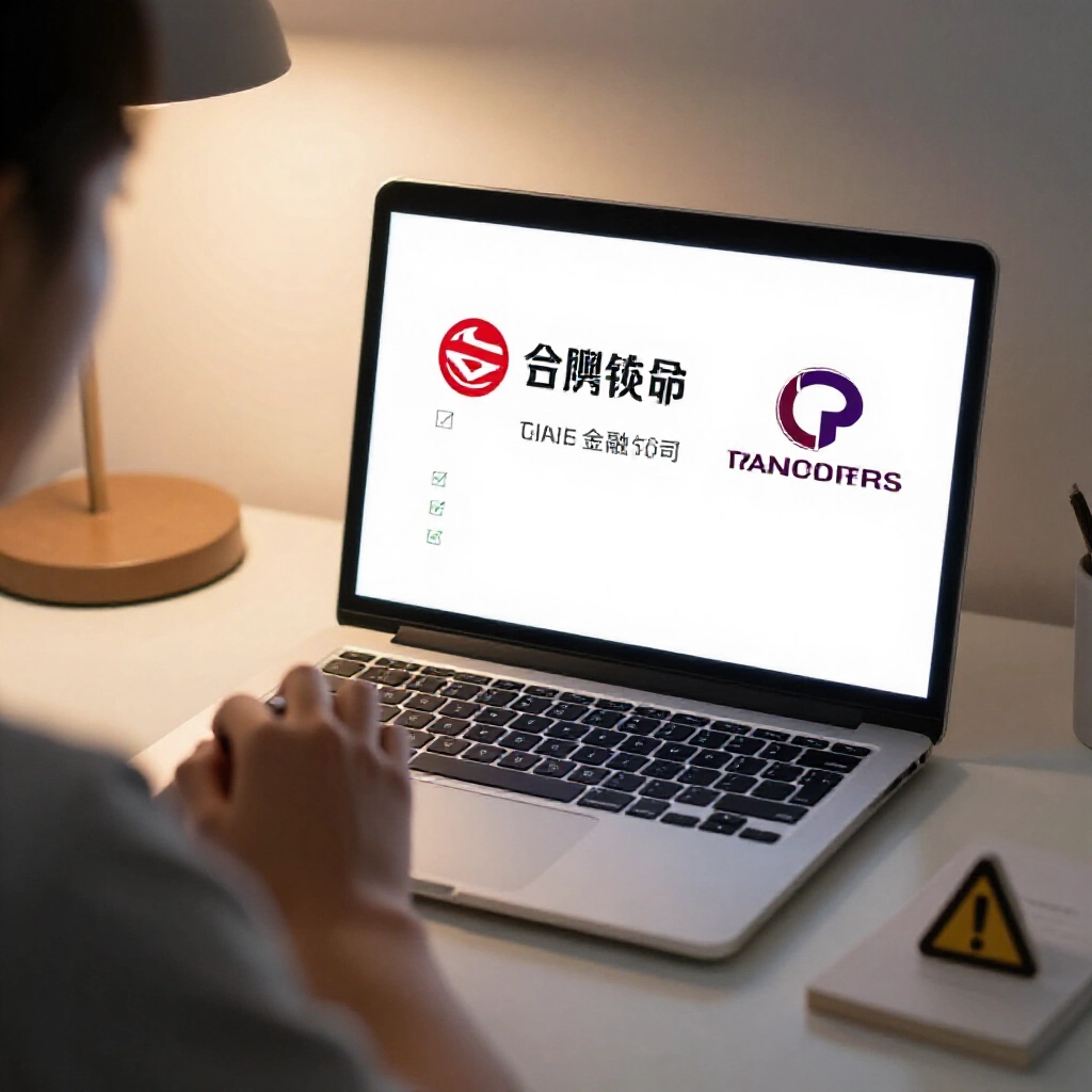 在家書桌前謹慎比較三家台灣融資公司標誌的民眾,筆電螢幕顯示警示圖示與檢查清單,柔和燈光照射