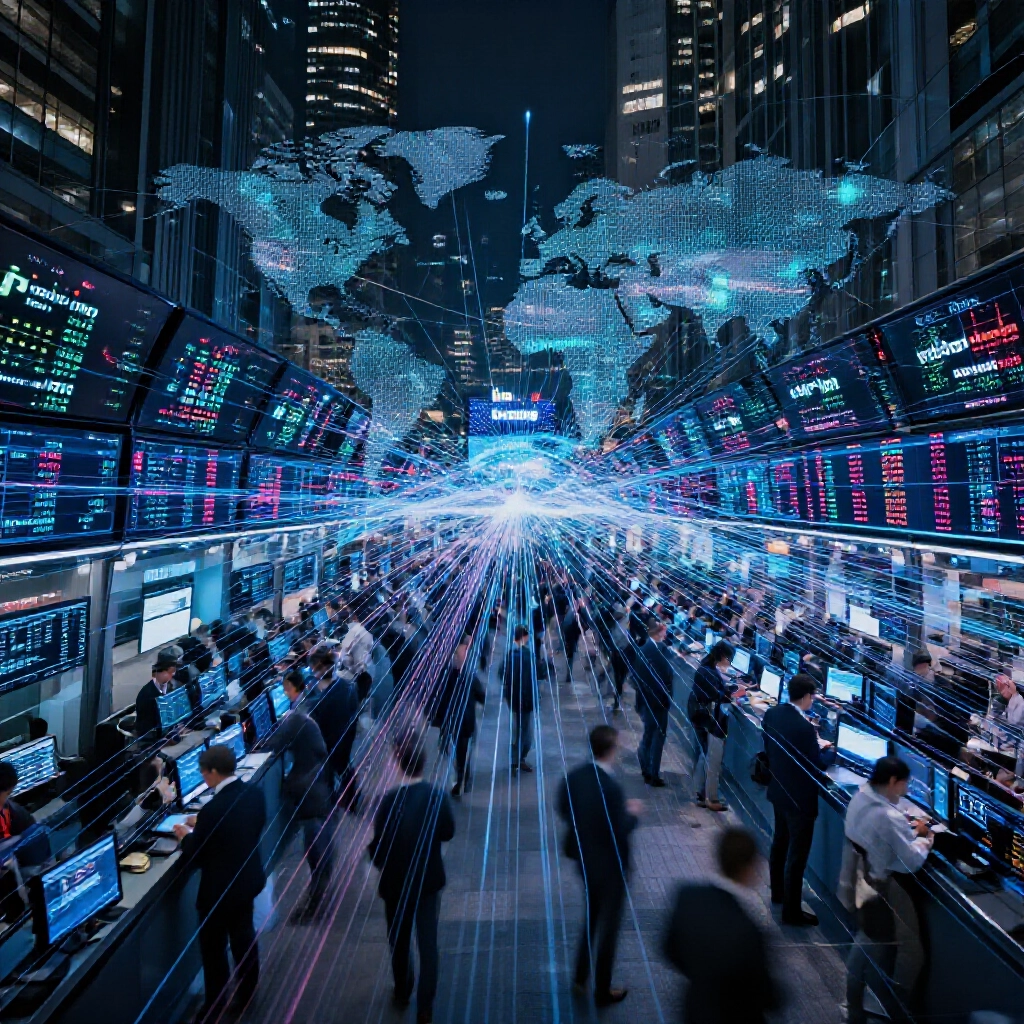 美國科技股市與台灣期貨交易廳分景透過發光資料流連結，象徵全球夜盤交易的跨國連動