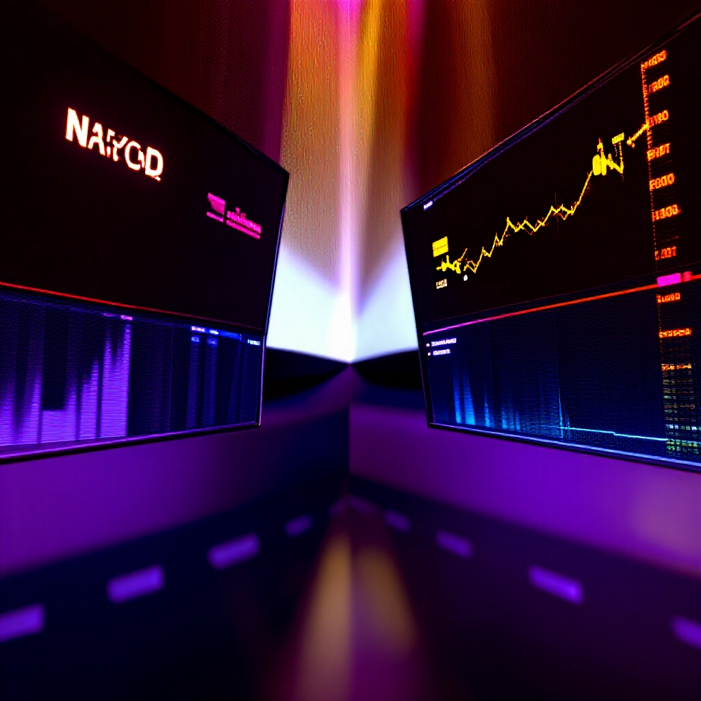 紐約證交所 Nasdaq 半導體與台北期貨圖表即時同步的全球金融視覺化,紫金燈光效果