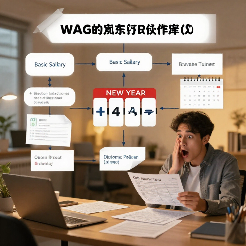 專業工作空間顯示薪資調整流程圖，從舊基本工資到新級距自動調升圖示與行事曆翻頁，勞工比對新舊薪資單