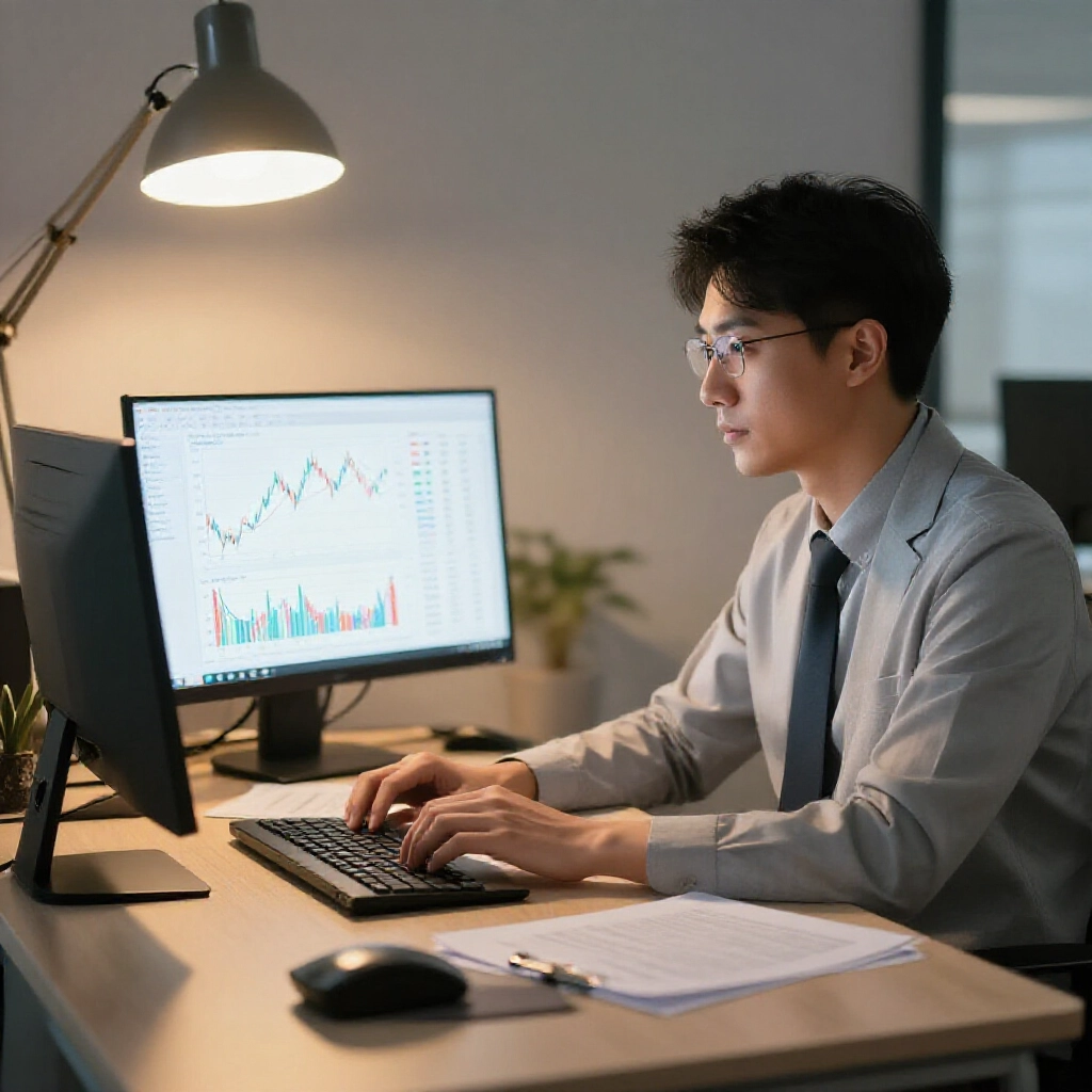 專業台灣分析師在現代辦公室燈光下檢視貸款成本、投資報酬與通膨差距的財務圖表