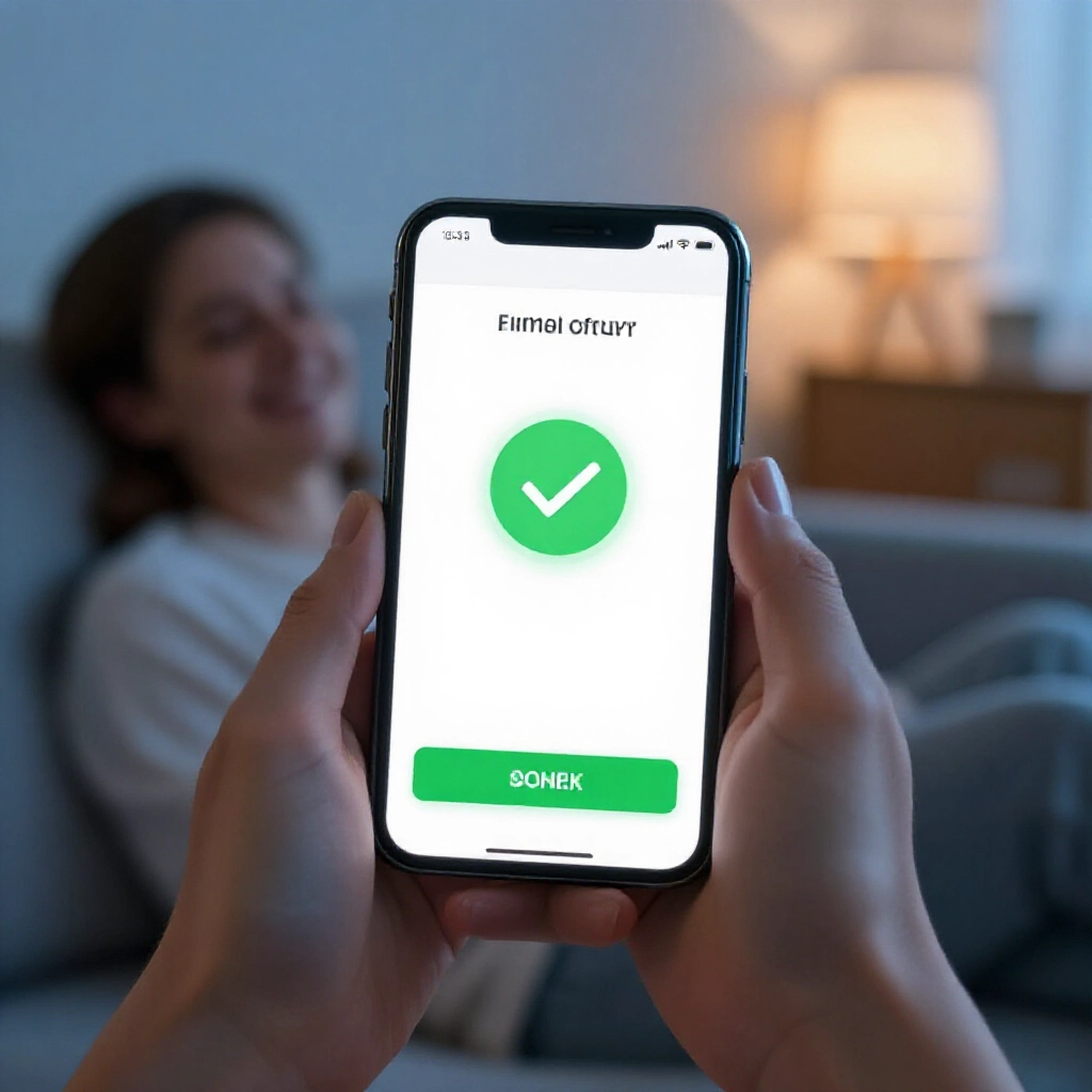 智慧型手機顯示國泰證券 App 確認畫面，綠色成功指示燈，輕鬆用戶在溫馨家中微笑，柔和藍調燈光
