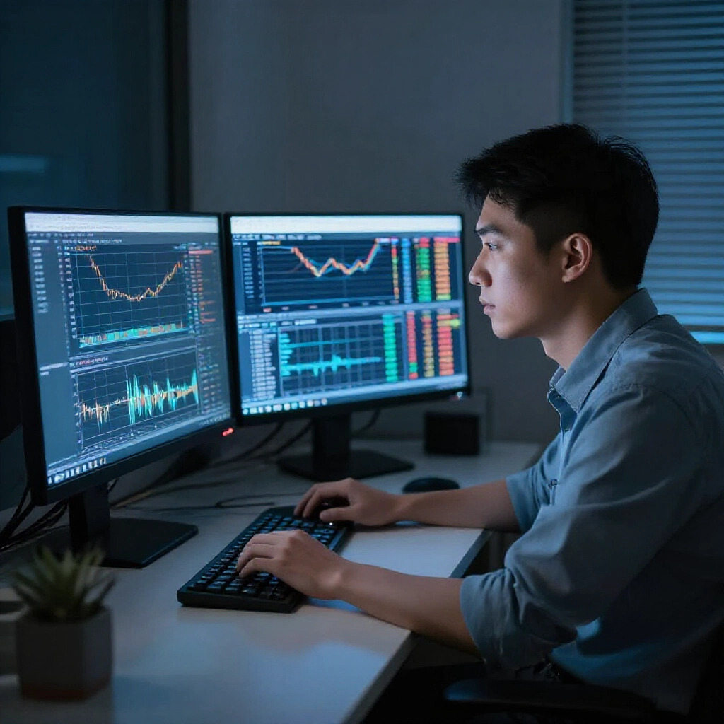 夜晚燈光昏暗的居家辦公室,年輕台灣交易員專注盯著顯示台指期貨圖表與美股即時報價的雙螢幕,藍色氛圍燈營造緊張專注氛圍