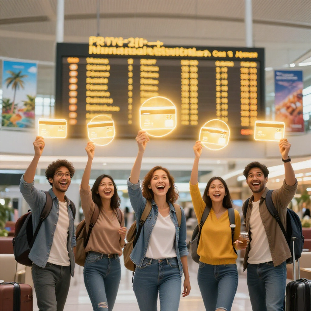 國際機場興奮旅客手持前五名信用卡圖示排行榜,多樣族群微笑慶祝海外刷卡回饋