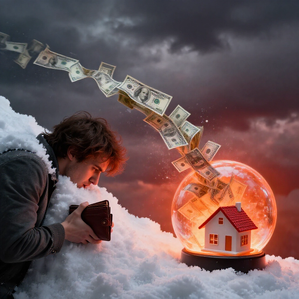 不知所措的人看著現金和帳單的雪球越滾越快,吞沒錢包和房屋模型,在戲劇性紅橙光芒與黑暗雲層背景下,象徵債務爆炸