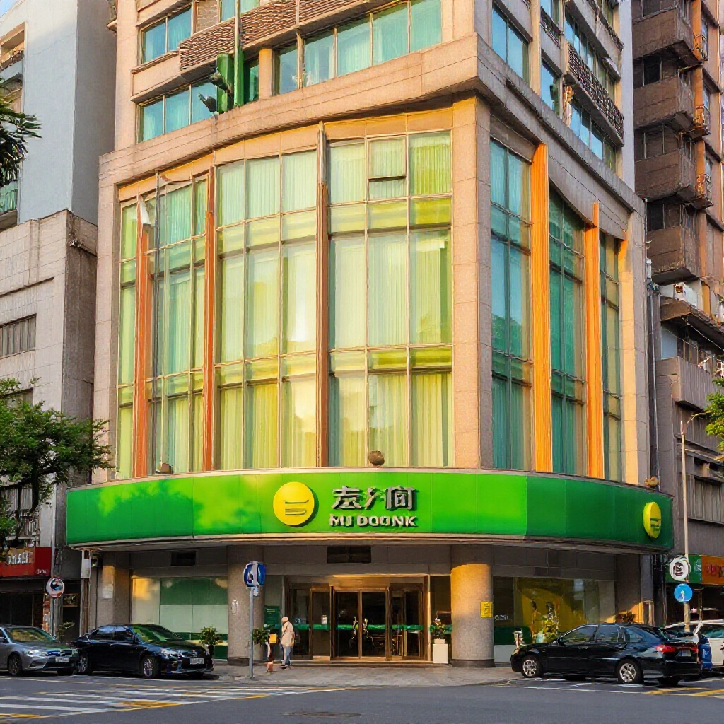 台北富邦銀行現代化的建築外觀,在金黃色夕陽柔光下閃耀,綠橙色調點綴,傳達金融信賴與可靠性