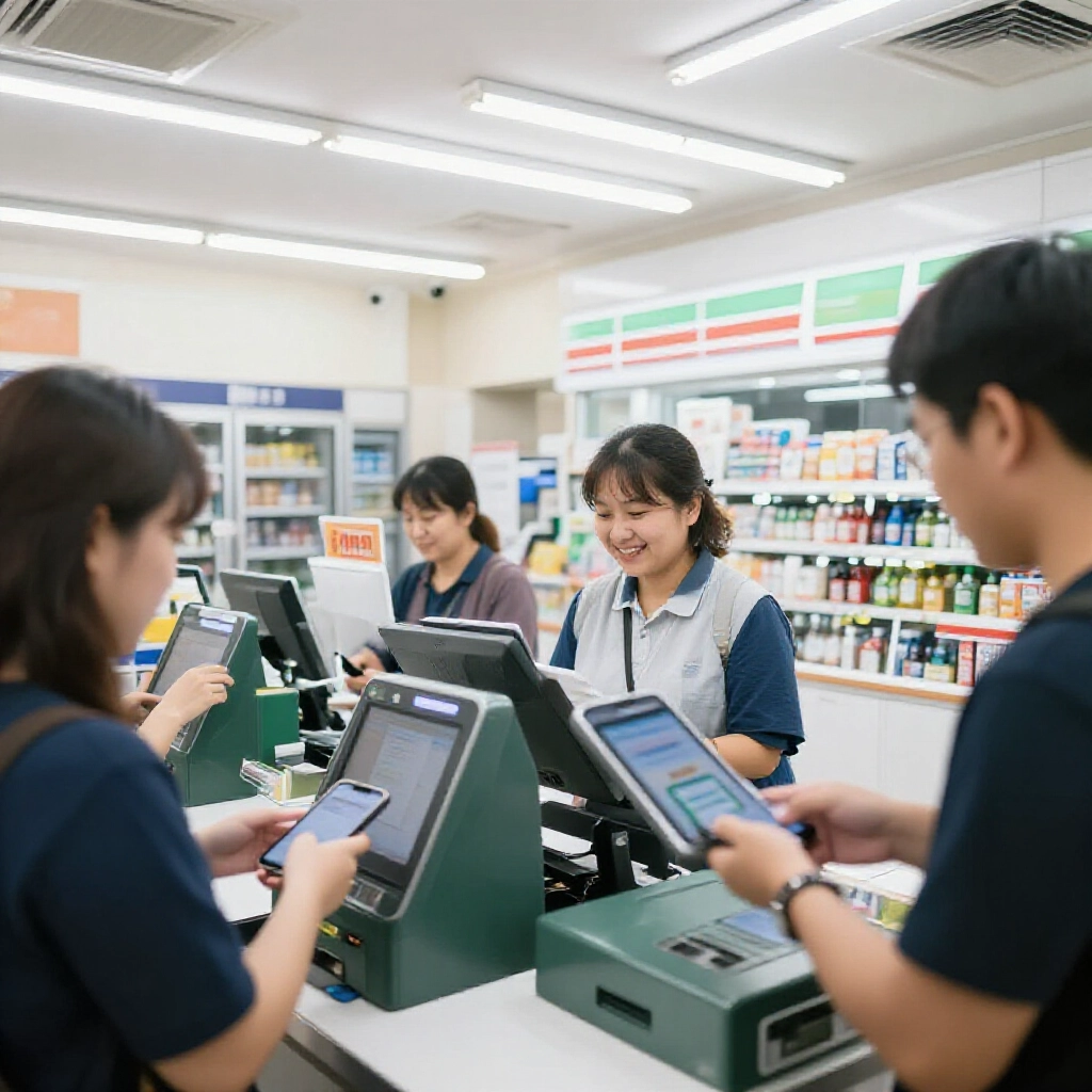 現代台北超商內部，明亮螢光燈下，顧客用手機輕觸付款終端機，比對App畫面，親切收銀員微笑，交易流程順暢高效