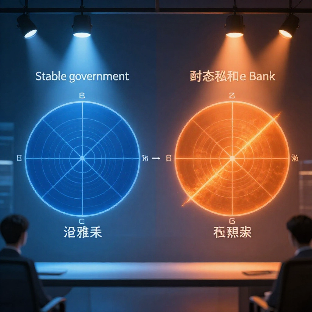 藍色穩定與橙色成長色調雷達圖對比官股與民營銀行