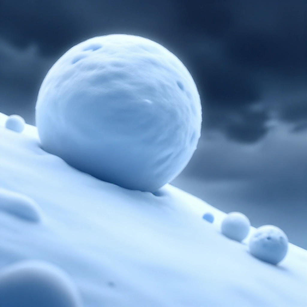 債務雪球滾動效應圖:小債球下坡積雪變成巨球,象徵信用卡循環利息快速成長,灰暗風暴天空冷藍色調