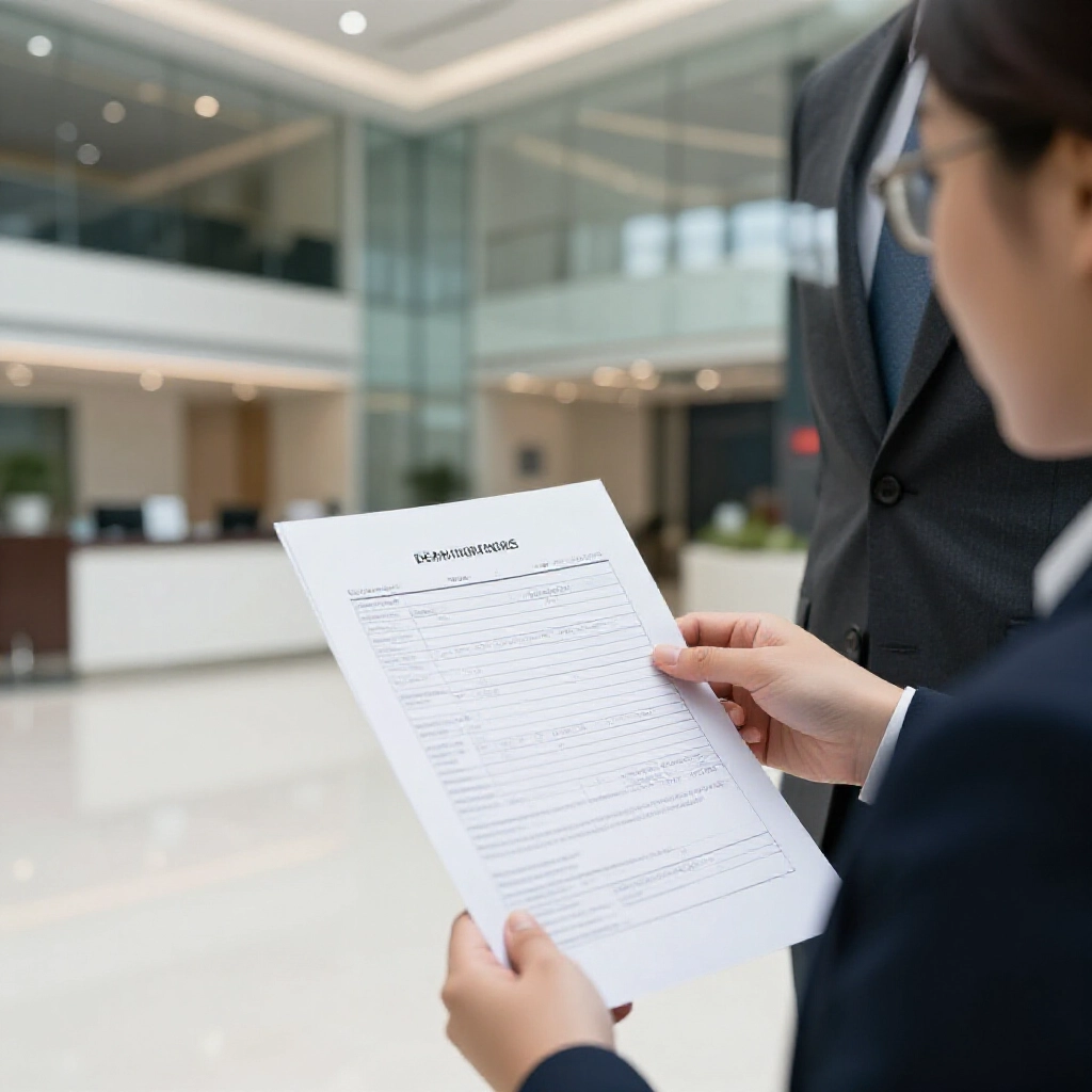 現代銀行大廳中商務人士與顧問討論貸款文件,指著列印薪資單與銀行對帳單,專業服裝,玻璃牆與接待櫃檯銳利燈光,傳達信任與財務諮詢氛圍