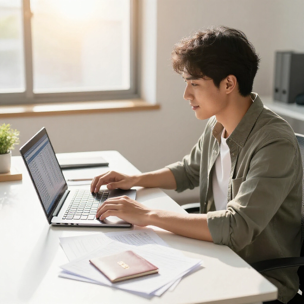 一位年輕上班族身穿休閒商務服,坐在明亮現代辦公桌前,周圍散落銀行存摺影本與顯示交易紀錄的筆電,陽光灑入營造樂觀氛圍