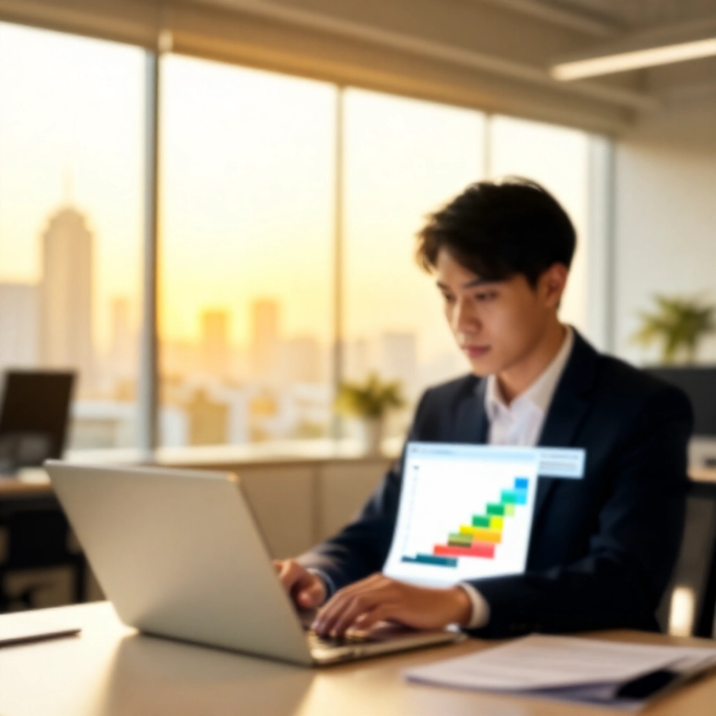 明亮現代台灣辦公室，年輕專業人士穿西裝在筆電螢幕上分析彩色稅率階梯圖表，城市天際線背景，溫暖金色燈光，專注決心