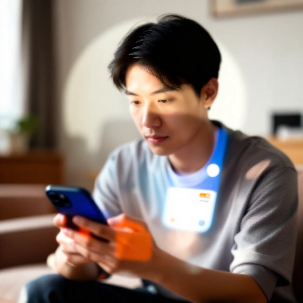 一位年輕台灣人在現代公寓中，專注查看顯示各種貸款 App 介面的智慧手機，藍色專業色調帶橘色警示，早晨柔光營造謹慎氛圍