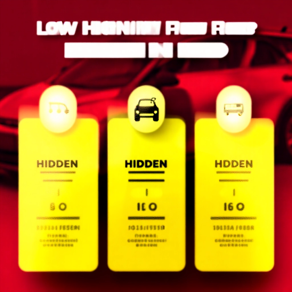 資訊圖表風格視覺,揭露低月付陷阱背後隱藏費用與高利率,閃亮汽車圖像後的戲劇性紅黃色調