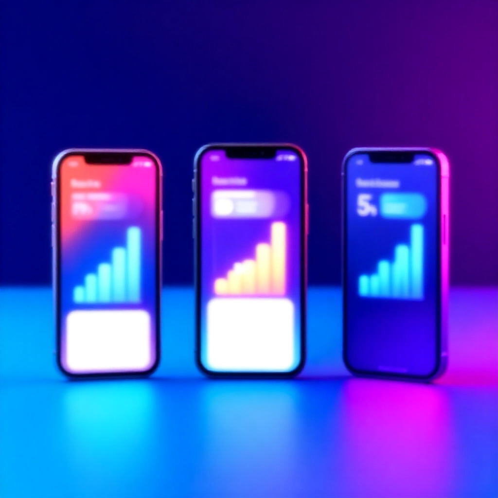 三支彩色智慧型手機並排在漸層藍桌子上，各顯示銀行 App 介面與上升利率長條圖，動感競爭燈光充滿活力能量