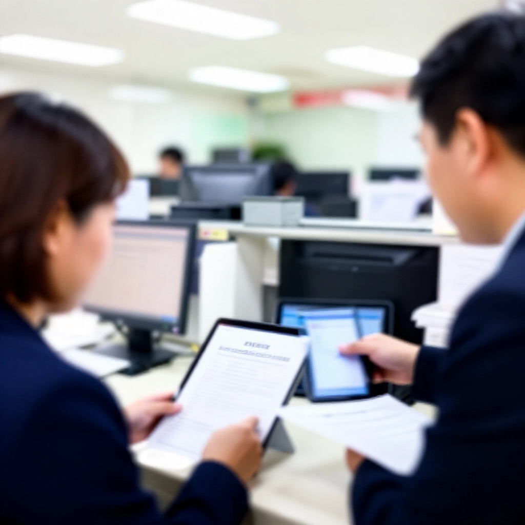 台灣銀行櫃台忙碌場面，客戶與櫃員使用平板 App 討論中國信託、玉山、台新銀行的提前還款文件，明亮螢光燈光，整齊辦公桌