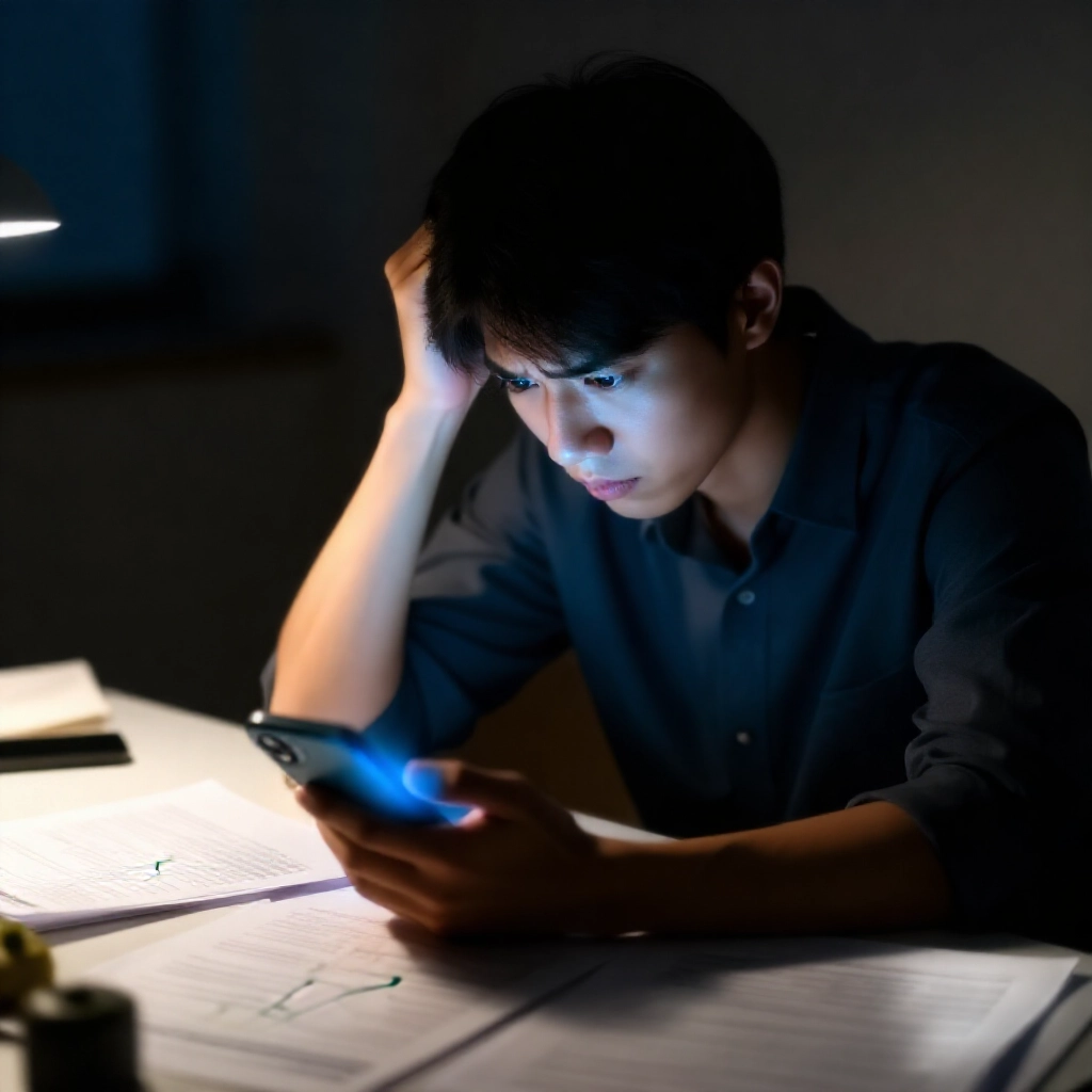 焦慮的年輕台灣人深夜坐在雜亂書桌前，盯著手機螢幕上顯示借錢決策路徑，旁邊散落財務文件