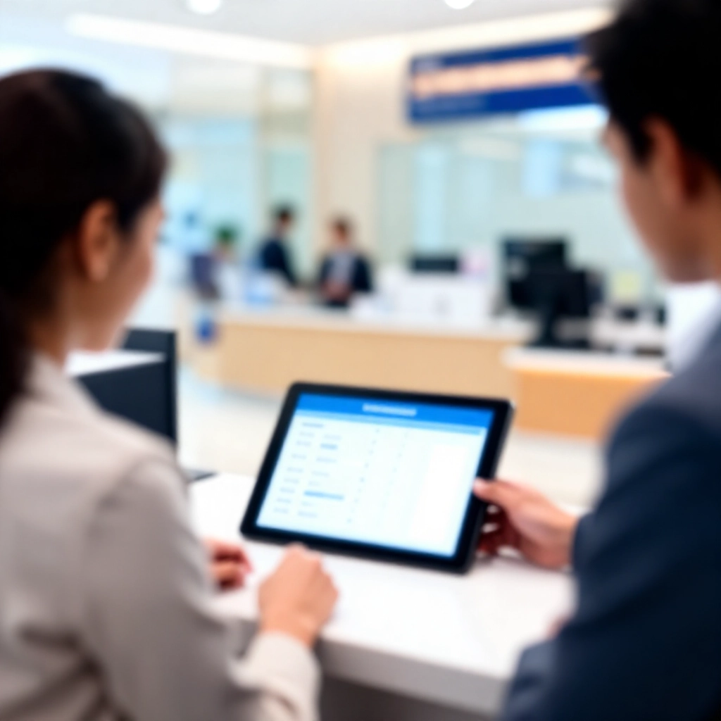 銀行客戶在櫃台檢視定存選項，平板顯示逐步利息計算資訊圖，在明亮現代分行大廳