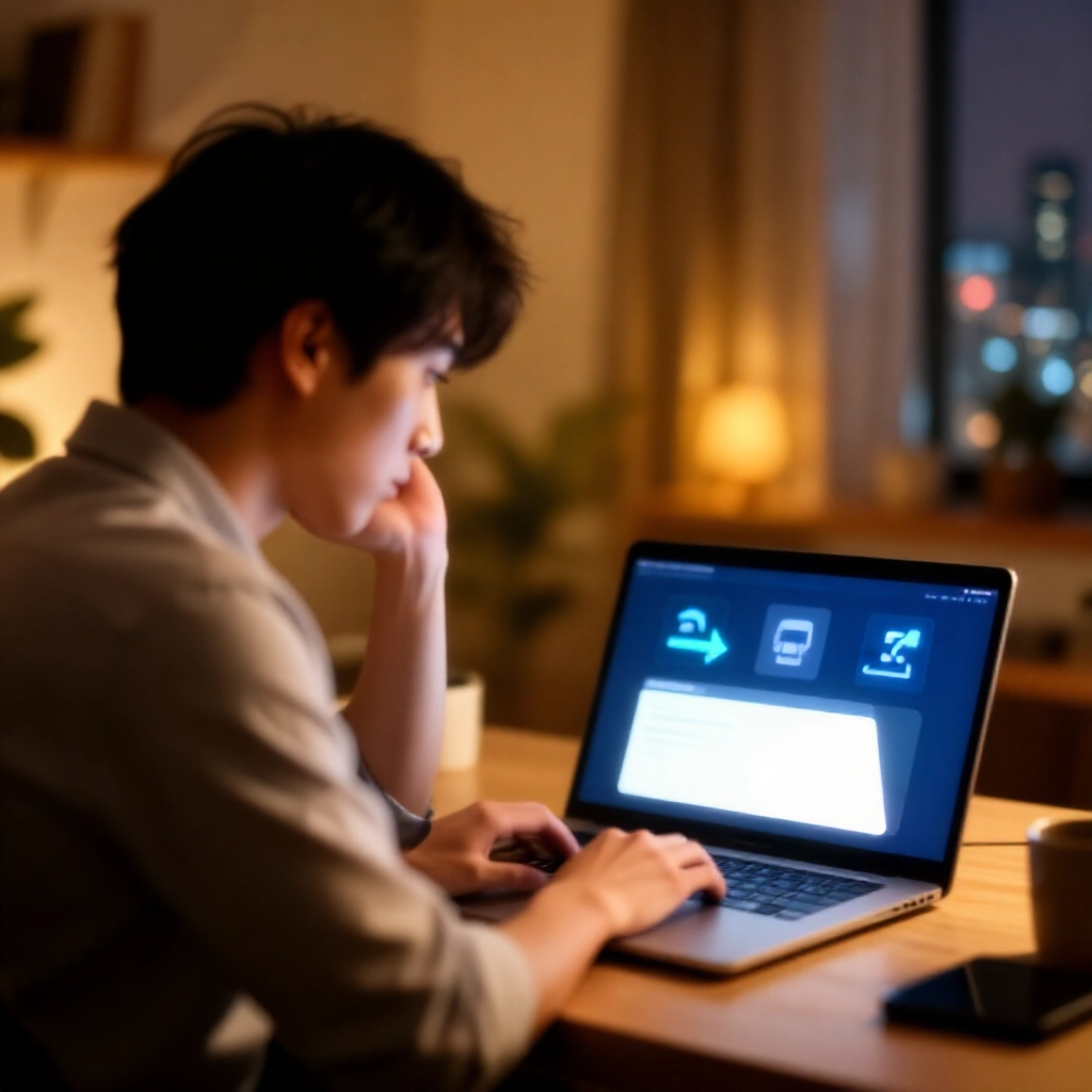 台灣人在家辦公室困惑查看電腦上 Netflix 和 Uber Eats 訂閱費用,連結海外銀行圖示與城市天際線溫暖燈光
