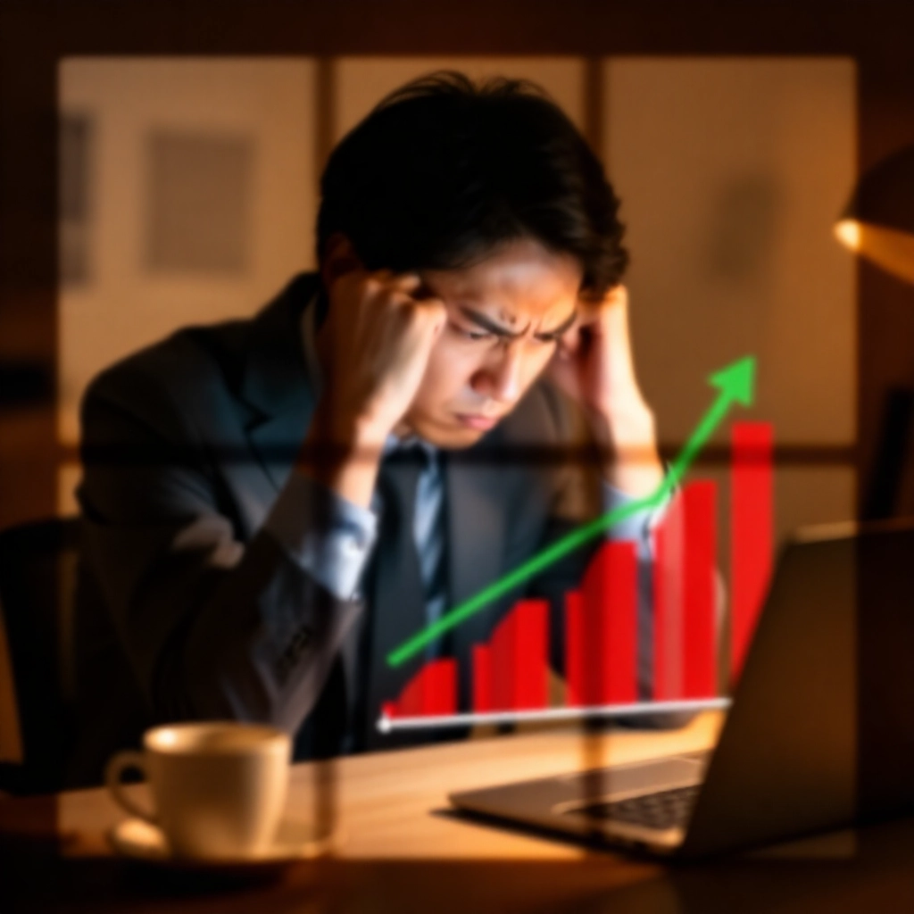 沮喪的上班族在昏暗晚間燈光下，對照顯示邊際稅率效應的薪資成長圖表，紅色稅條超越綠色收入線，緊張心情，周圍有咖啡杯與筆電，暖橘色調